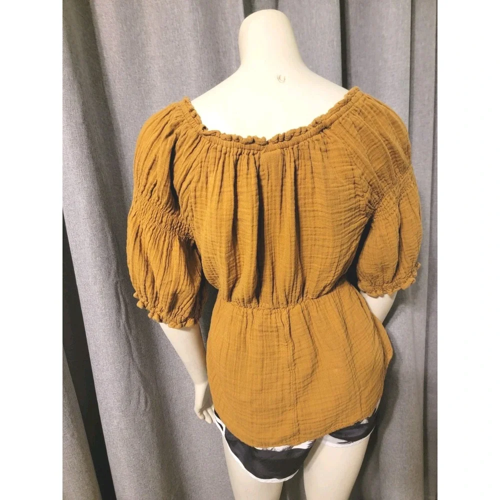 Puff Sleeve Caramel Brown Shirred Cotton Babydoll‎ Blouse SZ M Milkmaid Old Navy